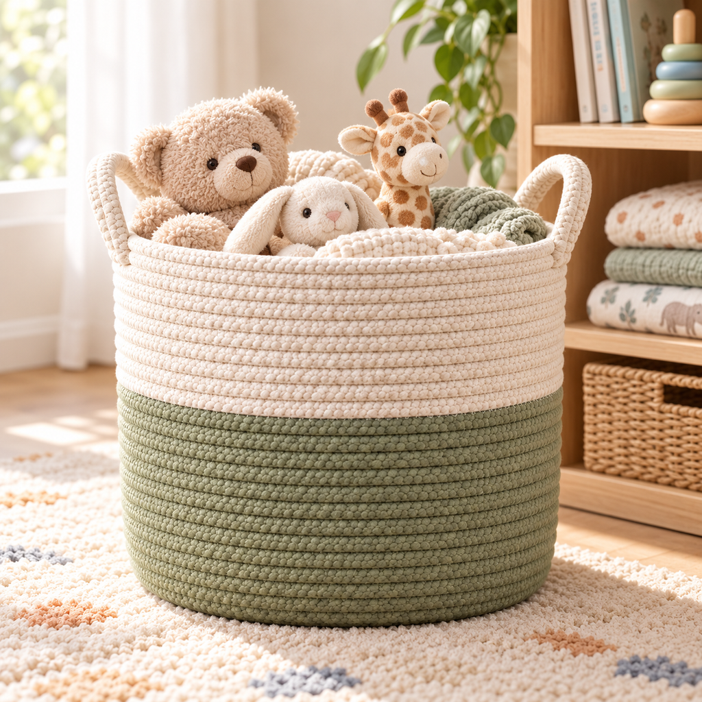 Woven Cotton Rope Toy Storage Basket — nursery lifestyle view