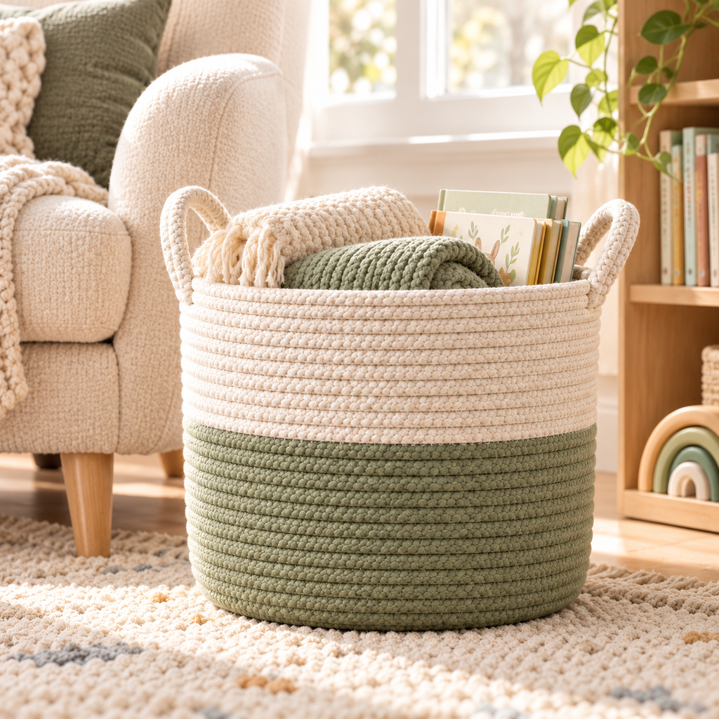 Woven Cotton Rope Toy Storage Basket — playroom lifestyle view
