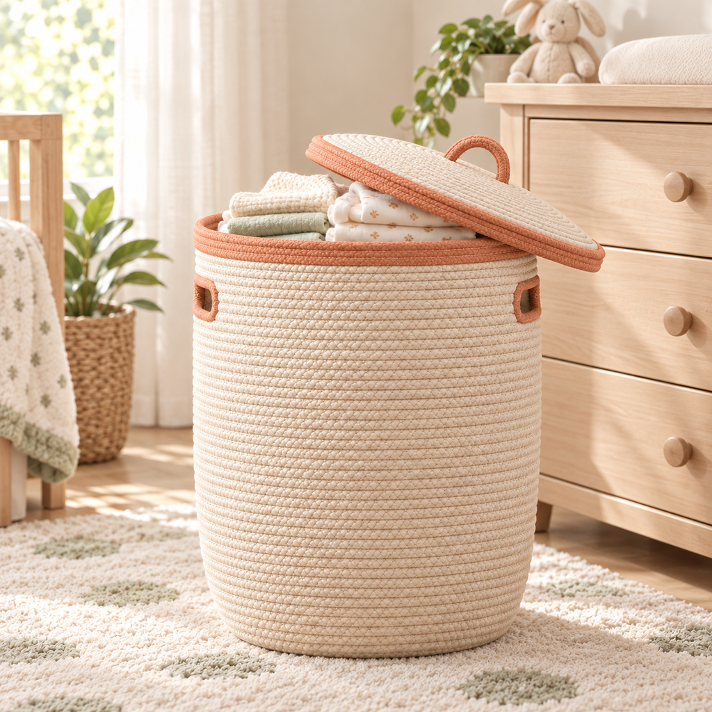 Lidded Woven Nursery Laundry Hamper — first lifestyle view