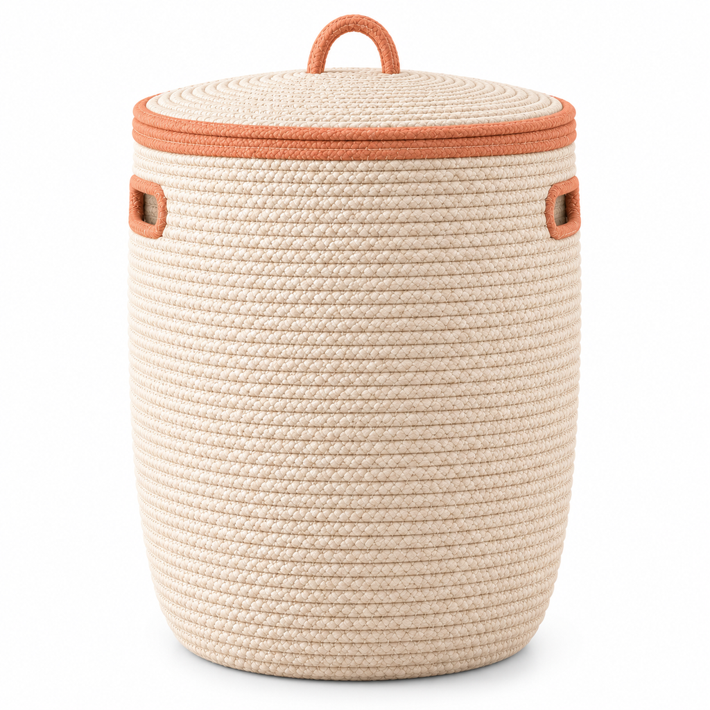 Lidded Woven Nursery Laundry Hamper — white background product view